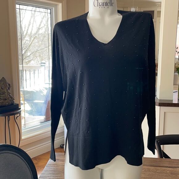 Akris punto 6 nwot studded v neck merino wool black sweater - Picture 4 of 15